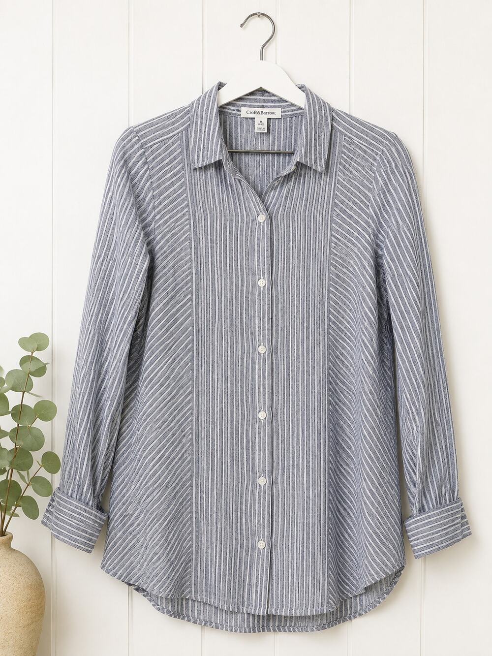 Artisan NY 100% Linen Shirt Womens S Blue White Stripe Button Front Coastal